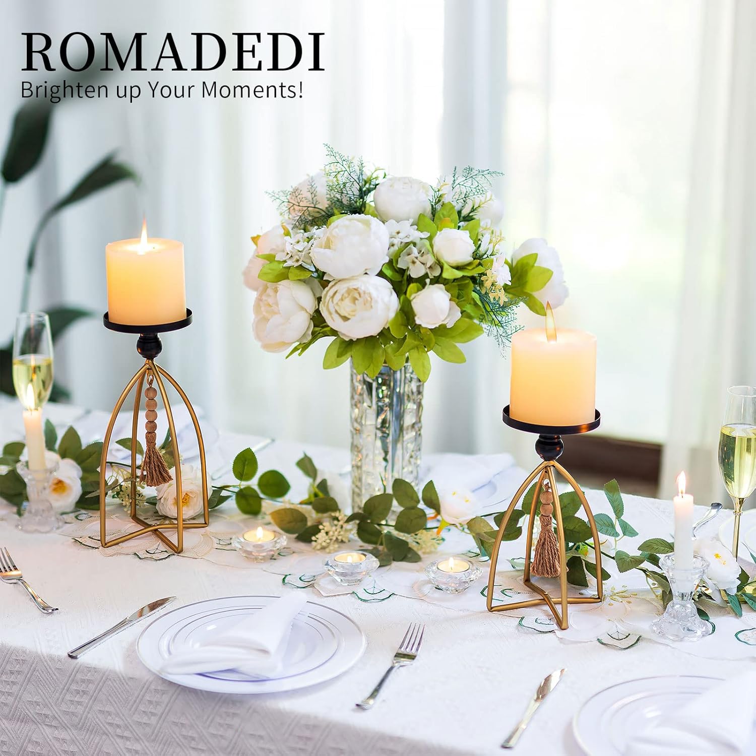 Boho Candle Holder Set, Metal, Beads, Rustic Decor